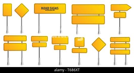 Straße gelbe Hinweisschilder aufstellen. Blank Board mit Platz für Text. Mockup. Isolierte Informationen anmelden. Richtung. Vector Illustration. Stock Vektor