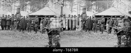 Generäle George G Meade, John Sedgwick und Robert O. Taylor mit Offizieren am Pferd Artillerie Hauptsitz, Brandy Station, Virginia, Stereo, Februar 1864 Stockfoto