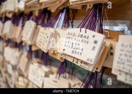 Holzbretter mit Wünschen auf Anzeige am Meiji Schrein, Yoyogi Park, Tokio, Japan Stockfoto