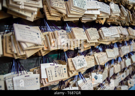 Holzbretter mit Wünschen auf Anzeige am Meiji Schrein, Yoyogi Park, Tokio, Japan Stockfoto