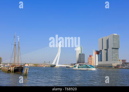 Der Abel Tasman River Cruise Ship Segeln vorbei an der Erasmus Brücke (1996) auf der Neuen Maas in Rotterdam, Niederlande Stockfoto
