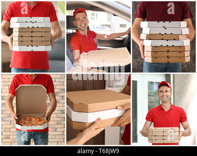 Junger Mann mit Boxen liefern Pizza Stockfoto