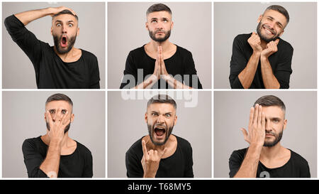 Stattlicher Mann mit unterschiedlichen Emotionen auf grauem Hintergrund Stockfoto