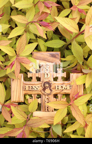 Croix de Jérusalem en bois d'Olivier représentant Jésus-Christ sur de la végétation Jaune. Stockfoto