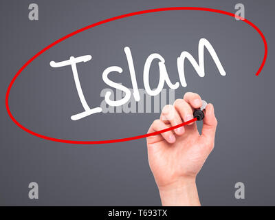 Mann Hand schreiben Islam mit schwarzem Marker auf visuelle Bildschirm Stockfoto