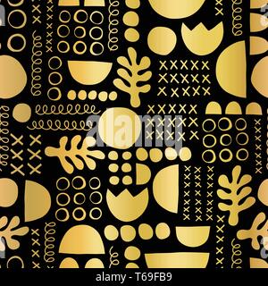 Goldfolie geometrische Formen auf Schwarz nahtlose Vektor Hintergrund. Metallic Golden Leaf Pflanze und abstrakten Formen Muster Stock Vektor