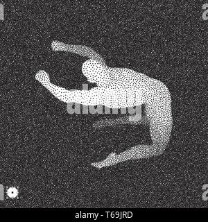 Gymnast. 3D-Modell des menschlichen Körpers. Schwarze und weiße körnig dotwork Design. Gepunktete Vector Illustration. Stock Vektor