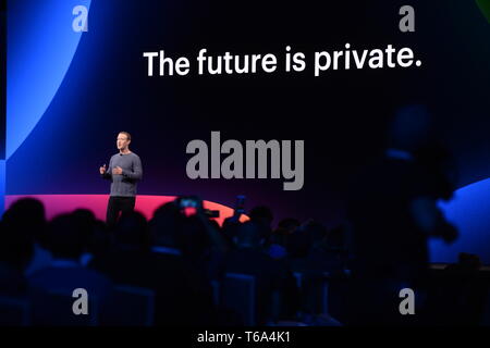 San Jose, USA. 30 Apr, 2019. Facebook CEO Mark Zuckerberg spricht an der F8 Developer Conference im McEnery Convention Center. Credit: Andrej Sokolow/dpa/Alamy leben Nachrichten Stockfoto