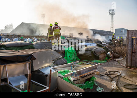 Essex Feuerwehr erfolgreich zu einem Brand, der kurz nach 17.20 Uhr in einem Lager auf der linken Seite der weit Post Bar Eingang an Southend United Football Ground, Wurzeln Halle brach besucht. Paletten mit Kunstrasen der ehemaligen David Beckham Academy gefangen. Die Polizei berichtet, wie die Behandlung der Feuer als bewusste. Keine Verletzungen berichtet. Stockfoto