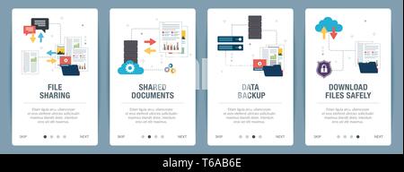 Banner mit Symbolen für Internet auf Websites oder App Vorlagen mit file sharing, die gemeinsame Nutzung von Dokumenten, Daten sichern und laden Sie Dateien sicher. Technologie Stock Vektor