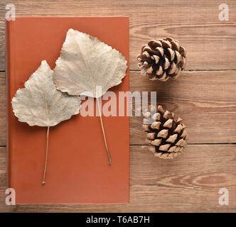 Getrocknete Blätter auf einem Buch, Tannenzapfen auf einem Holztisch. Ansicht von oben. Home Herbarium. Stockfoto