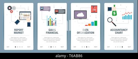 Web Banner Konzept in Vektor mit Bericht Markt, Gewinne Finanz-, Daten Organisation und Buchhaltung. Internet Website Banner Konzept mit Symbol Stock Vektor