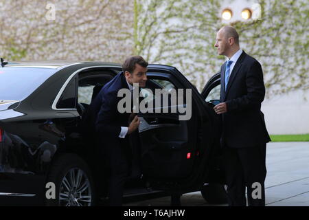 29.04.2019, Berlin, Deutschland, der Präsident der Französischen Republik, Emmanuel Längestrich im Bundeskanzleramt. Bundeskanzlerin Angela Merkel und der französische Vorsitz Stockfoto