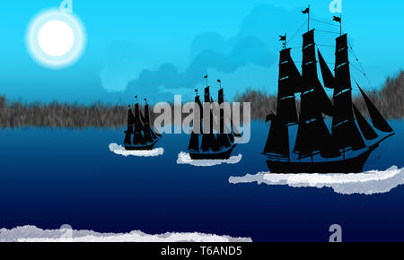 Boote auf dem Meer im Hintergrund. Szene mit Piratenschiff. Phantastischen Hintergrund mit Piratenschiff Segeln im Meer. Pirat Schiff nähert sich der Insel. Stockfoto