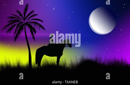 Silhouette eines Soldaten mit seinem Pferd auf Mondnacht mit mehrfarbigen Farbverlauf Hintergrund. Abstrakt. Grafik. Mann, ein Hengst. Der Pferdesport. Stockfoto