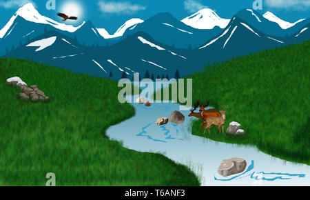 Vector Illustration einer Berglandschaft mit Schnee und Berge Hirsche. Zusammenfassung Hintergrund. Stockfoto