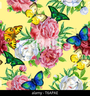 Nahtlose Muster mit Pfingstrosen Blumen und Schmetterlinge. Moderne floralen Muster für Verpackungen, Textilien, Tapeten, Drucken, Geschenkpapier, Begrüßung oder Hochzeit Stockfoto