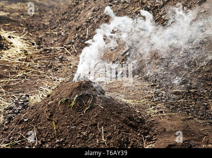 Wenig rauchen Holzkohle Pile, Ennepetal, Ruhrgebiet, Nordrhein-Westfalen, Deutschland Stockfoto