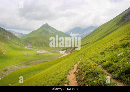 Grüne Wiese Landschaft im Himalaya. Great Lake Trek in Kaschmir. Berge in Gangabal See Nähe Stockfoto