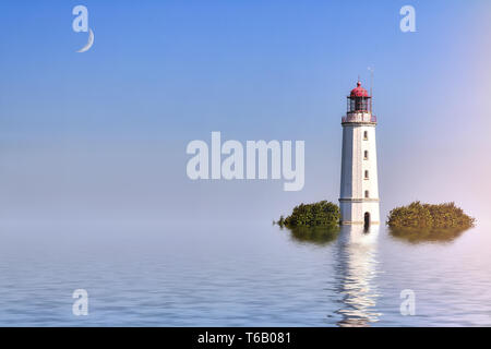 Ozean-Landschaft mit Leuchtturm und Mond Stockfoto