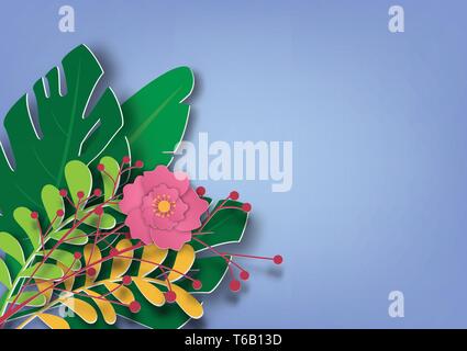Blumen und Blätter Papier Kunst stilvolle Vector Illustration auf blauem Hintergrund Stock Vektor