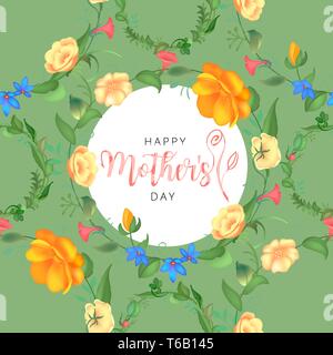 Mutter s Tag Grußkarte mit blühen Blumen. Schöne nahtlose Gestaltung mit Typografie. Garten Pflanzen mit Blättern. Stock Vektor