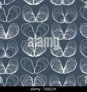 Hand gezeichnet Oyster Herzen nahtlose Linie Muster auf Blau. Oyster Liebe Stock Vektor