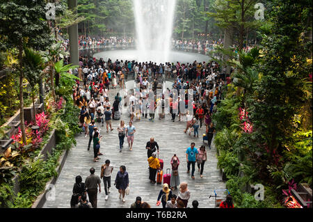 28.04.2019, Singapur, Republik Singapur, Asien - Innenansicht des neuen Juwel Terminal am Flughafen Changi mit Wasserfall und Wald Tal. Stockfoto