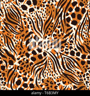 Abstrakte Hand gezeichnet Kombiniert tierischer Haut Vektor nahtlose Muster. Zebras, Geparden. Tiger, Leopard Fell. Trendige Mode zu drucken. Orange, Braun, Beige Stock Vektor