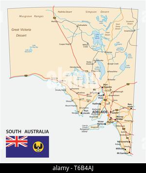 Straßenkarte des Staates South Australia mit Fahne Stock Vektor