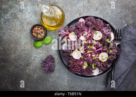 Salat von frischen roten Kohl und Rettich über dunklen Hintergrund Stockfoto