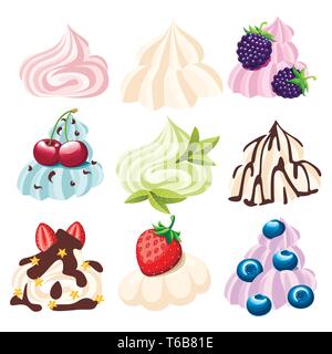 Schlagsahne mit Früchten und Beeren. Puderzucker sahne Sammlung. Flache Vector Illustration auf weißem Hintergrund. Stock Vektor