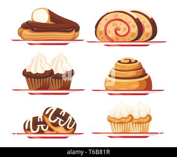 Süßes Dessert Gebäck. Sammlung von verschiedenen Arten von Kuchen. Flache Vector Illustration auf weißem Hintergrund. Symbol für Bäckerei. Stock Vektor