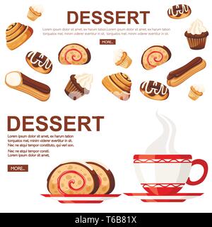 Süßes Dessert Gebäck. Sammlung von verschiedenen Arten von Kuchen. Flache Vector Illustration auf weißem Hintergrund. Symbol für Bäckerei. Für Text platzieren. Stock Vektor