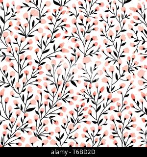 Nahtlose Muster Floral Design. Zweig mit kleinen Blüten und Blätter. Hand gezeichnet doodle Blumen. Trendy 2019 Farbpalette lebende Koralle. Vector Illustration. Stock Vektor
