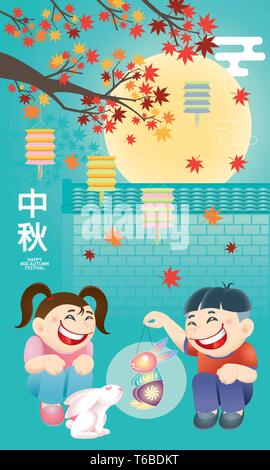 Orientalische Kinder spielen Laterne mit einem niedlichen Kaninchen. Chinesische Wort bedeutet glücklich Mid Autumn Festival. Stock Vektor