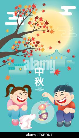 Orientalische Kinder spielen Laterne mit einem niedlichen Kaninchen. Chinesische Wort bedeutet glücklich Mid Autumn Festival. Stock Vektor