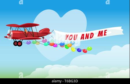 Fliegenden Roten Flugzeug mit Poster Sie und mich und festliche Helium Luftballons. Vector Illustration. Stock Vektor