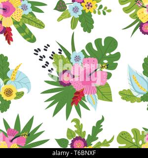 Nahtlose Muster mit tropischen Blätter und Blüten. Stock Vektor