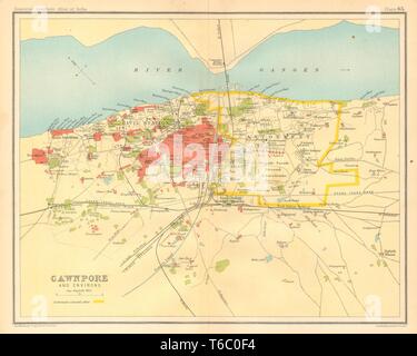 Cawnpore/Kanpur Stadt Stadt zu planen. Die wichtigsten Gebäude Cantonment. Britisch Indien 1931 Karte Stockfoto