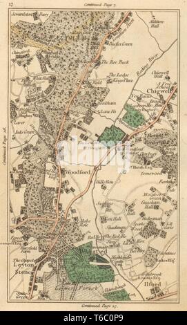 WOODFORD. Loughton, Chigwell in Chingford, Leytonstone, Wanstead, Ilford 1811 alte Karte Stockfoto