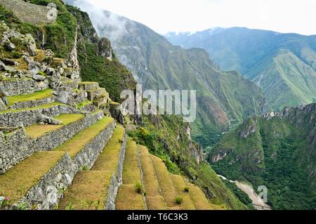 Terrassen in Machu Picchu mit Rio Urubamba, Peru Stockfoto