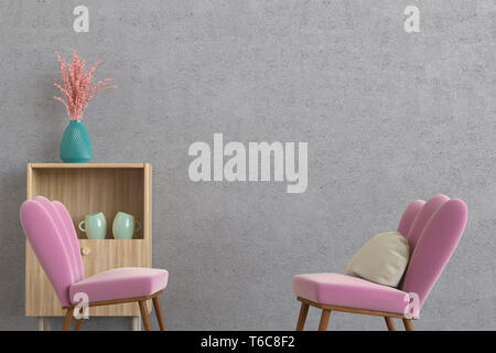3D-Rendering von einer minimalistischen Lounge mit einem leeren Betonwand, zwei moderne und bequeme Stühle mit einem Kissen und einem Schrank Stockfoto