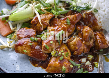 Huhn süß-sauer mit Gemüse und Reis als Close-up auf einer Platte Stockfoto