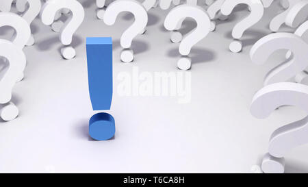 Ein blaues Ausrufezeichen von einer Gruppe von weißen Fragezeichen auf weißem Hintergrund umgeben. Eine 3D-Darstellung. Stockfoto
