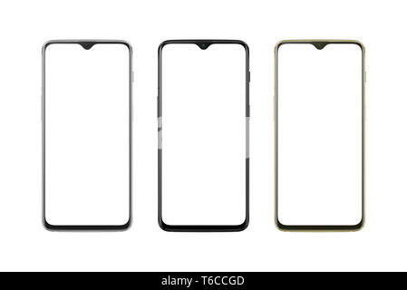 Moderne dünn und runden Kanten Telefon in Silber, Schwarz und Gold Farbe. Weißer Bildschirm für Mockup, isoliert. Stockfoto