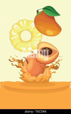 Mango, Ananas und Pfirsich fallen für Smoothie Stock Vektor