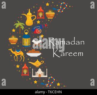 Ramadan Kareem Grußkarte mit arabischem Design Elemente Kamel, Koran, Laternen, Rosenkranz, das Essen, die Moschee. Vector Illustration. Stock Vektor