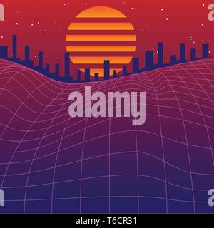 80er Retro Grafik Vektor mit Drahtgitter, Landschaft, Sonnenuntergang und Silhouetten der städtischen Gebäude Stock Vektor