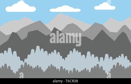 Eine grafische Gebirge Landschaft Bild mit Bäumen im Vordergrund und Wolken im Himmel Stock Vektor